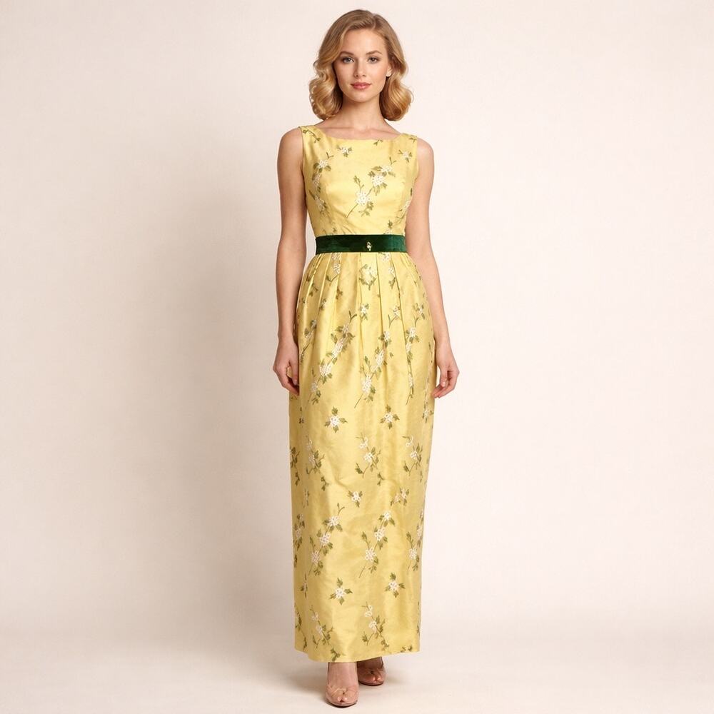 Vintage 60s Yellow Chiffon Floral Embroidered Formal Dress Gown XXS/XS